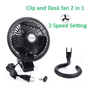 TN TONNY Clip-on Fan, AC 110V 6 Inch Adjustable Clip Table Fan with 2 Speeds Wind, Personal Cooling Fan with 6 Foot Cord and Plastic Safety Grill, Black