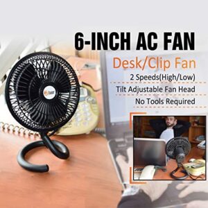 TN TONNY Clip-on Fan, AC 110V 6 Inch Adjustable Clip Table Fan with 2 Speeds Wind, Personal Cooling Fan with 6 Foot Cord and Plastic Safety Grill, Black