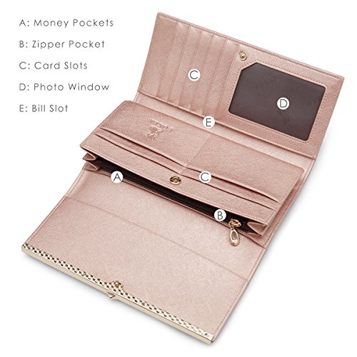 Leather Trifold Wallets for Women, Genuine Leather Gift Box Packing Ladies Designer Clutch Purses with Zipper Pocket Women's Fashion Long Wallet Credit Card Holders Birthday Valentine Gift (Rose Gold)