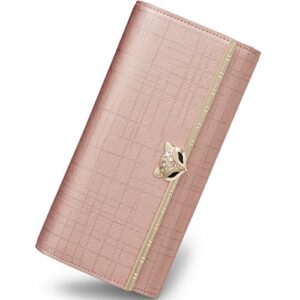 leather trifold wallets for women, genuine leather gift box packing ladies designer clutch purses with zipper pocket women's fashion long wallet credit card holders birthday valentine gift (rose gold)