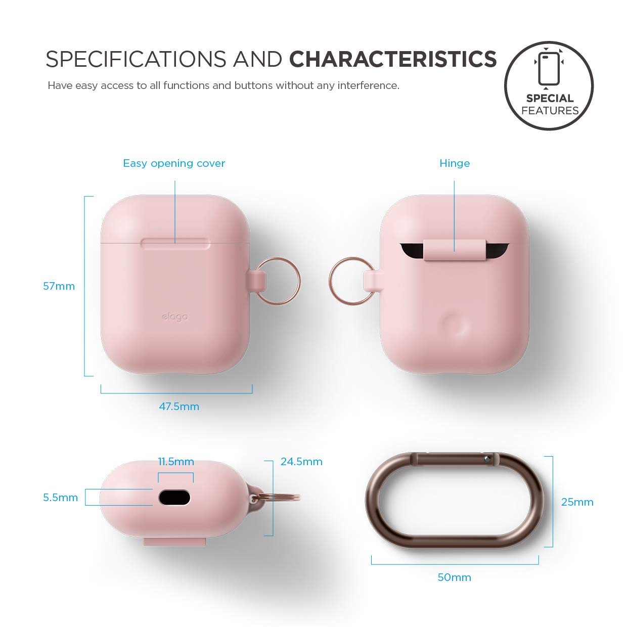 elago Silicone Case with Keychain Compatible with Apple AirPods Case 1 & 2, Front LED Visible, Supports Wireless Charging, Protective Silicone [Lovely Pink]