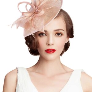 Z&X Wedding Fascinator Sinamay Headband Tea Party Hats for Women Flower Feather Derby Pillbox Hat Clips Peach Pink