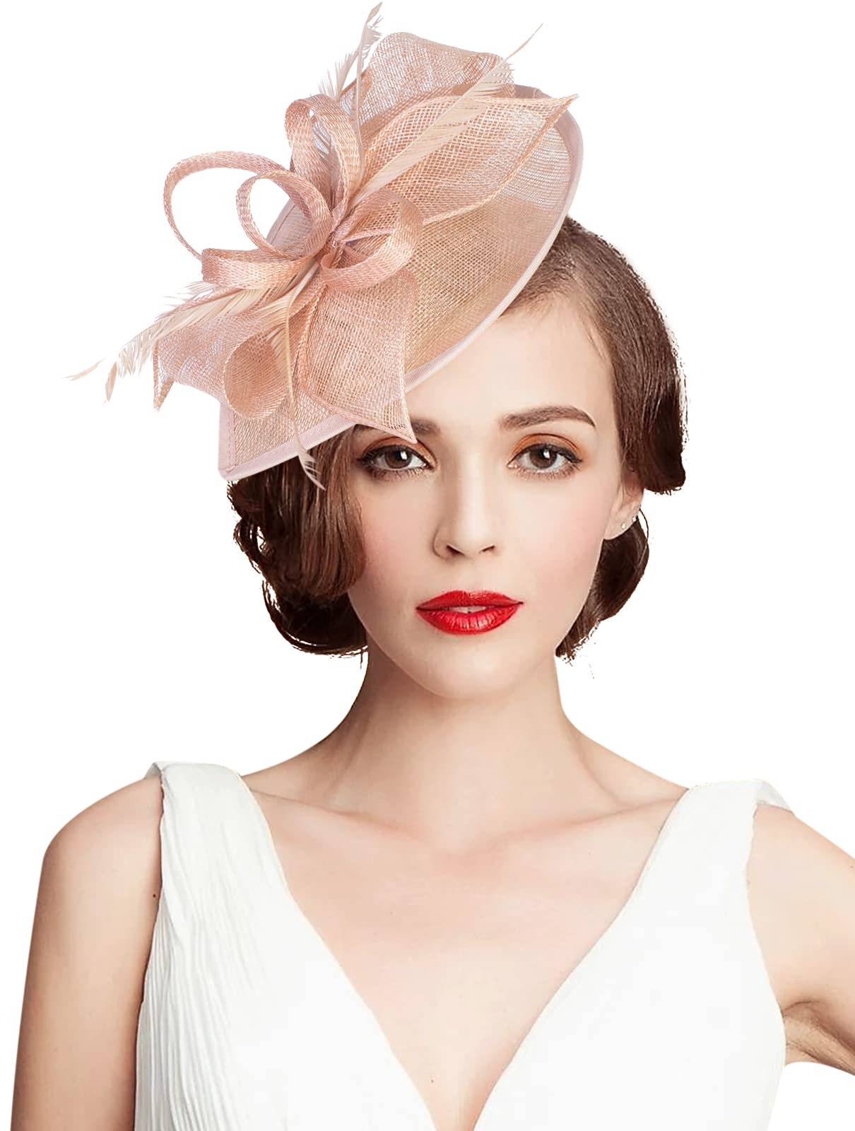 Z&X Wedding Fascinator Sinamay Headband Tea Party Hats for Women Flower Feather Derby Pillbox Hat Clips Peach Pink