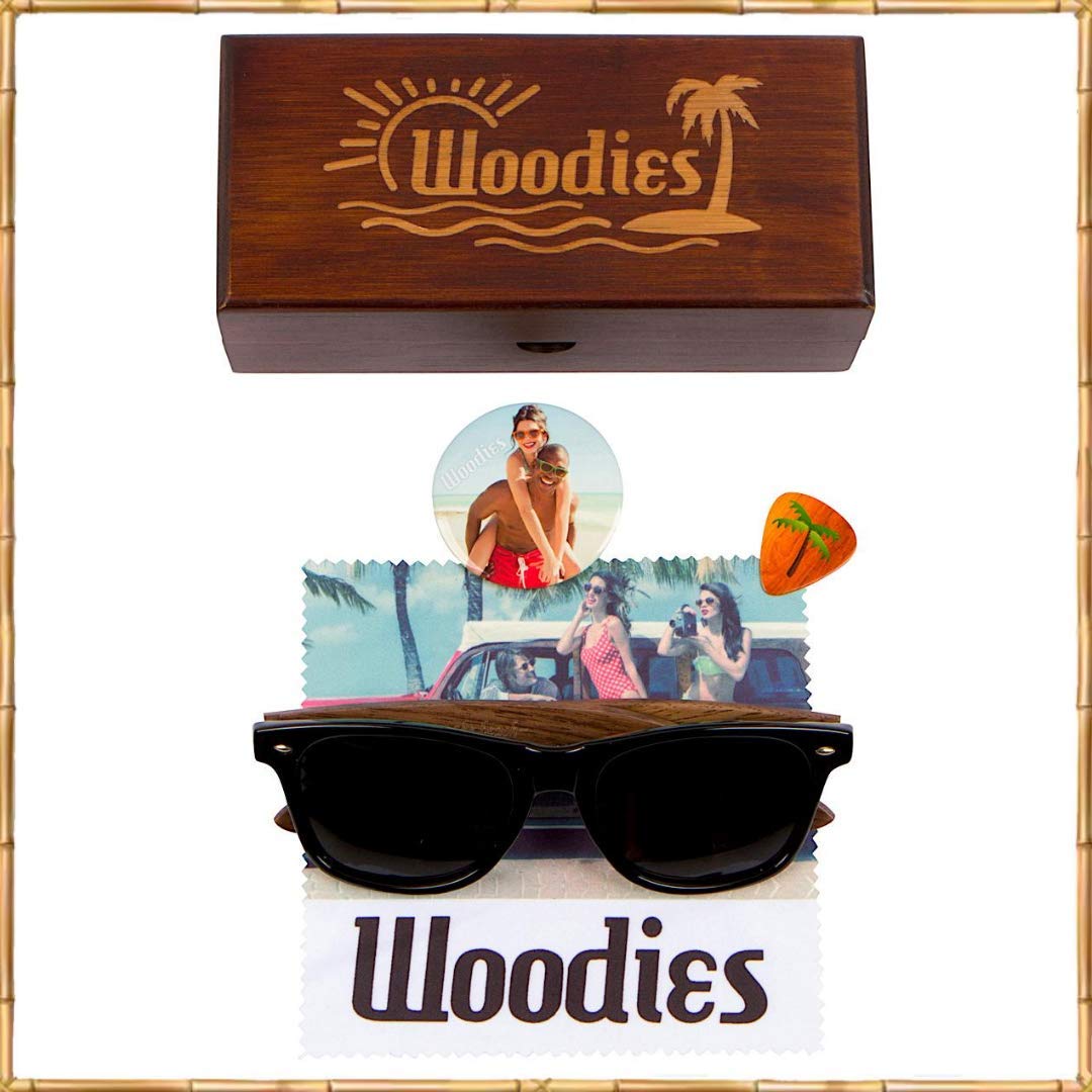 Woodies Walnut Wood Sunglasses with Black Polarized Lens and Real Wooden Frame for Men and Women - 100% UVA/UVB Ray Protection