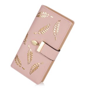 sweet cute chocolate women's long leaf bifold wallet leather card holder purse zipper buckle elegant clutch wallet handbag for women - pink