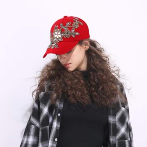 CRUOXIBB Women's Crystal Flower Bling Rhinestone Snapback Cap Baseball Hat(01 Red)