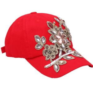 CRUOXIBB Women's Crystal Flower Bling Rhinestone Snapback Cap Baseball Hat(01 Red)