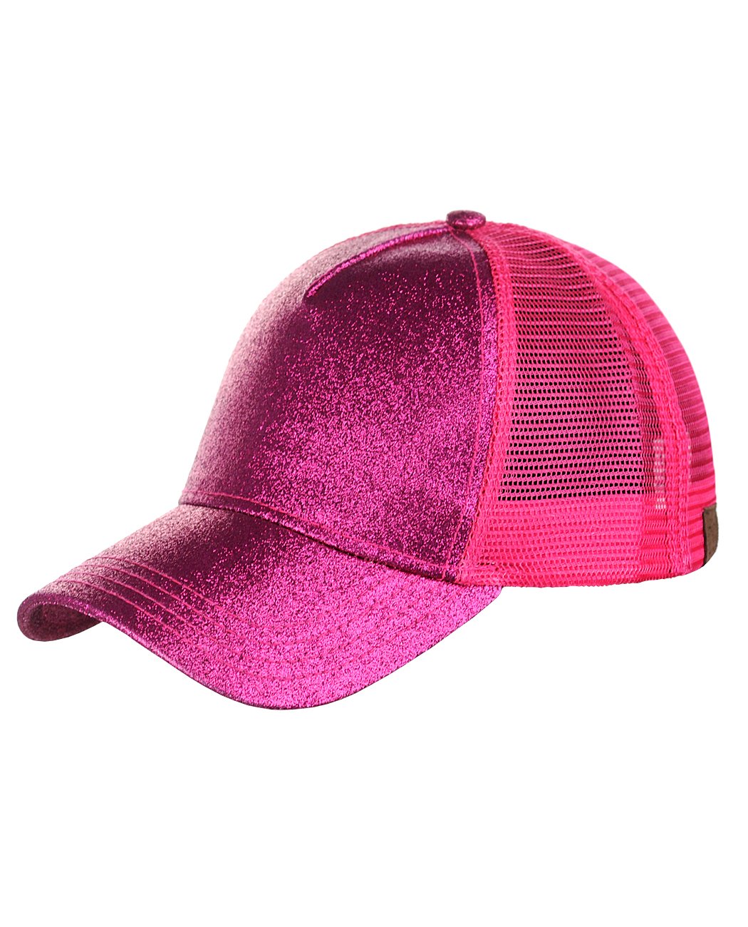 C.C Ponycap Messy High Bun Ponytail Adjustable Glitter Mesh Trucker Baseball Cap, Hot Pink