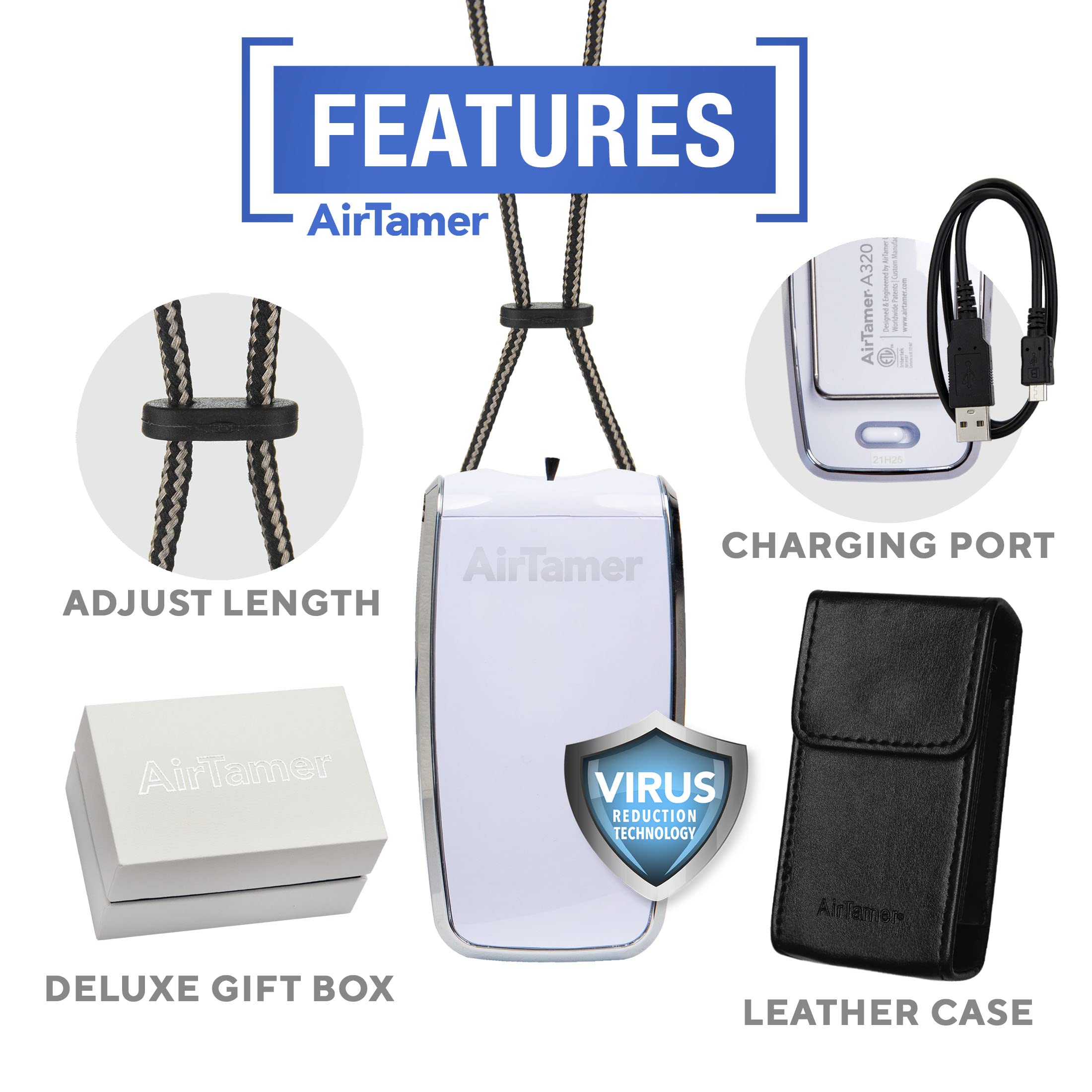 AirTamer A320W Rechargeable Personal Air Purifier, Proven Performance, Virus and Pollutant Tested*, White with Leather Travel Case