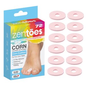 zentoes corn cushions for toes and feet, protect sore spots with foam padding, reduce pain, pressure and friction from shoes, long lasting water-resistant self-stick adhesive pads (72 count)