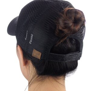 C.C Ponycap Messy High Bun Ponytail Adjustable Glitter Mesh Trucker Baseball Cap, Black