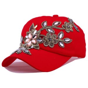 cruoxibb women's crystal flower bling rhinestone snapback cap baseball hat(01 red)