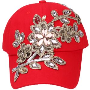 CRUOXIBB Women's Crystal Flower Bling Rhinestone Snapback Cap Baseball Hat(01 Red)