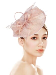 z&x wedding fascinator sinamay headband tea party hats for women flower feather derby pillbox hat clips peach pink