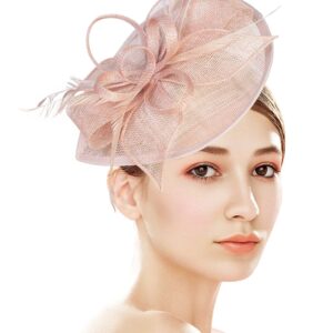 Z&X Wedding Fascinator Sinamay Headband Tea Party Hats for Women Flower Feather Derby Pillbox Hat Clips Peach Pink