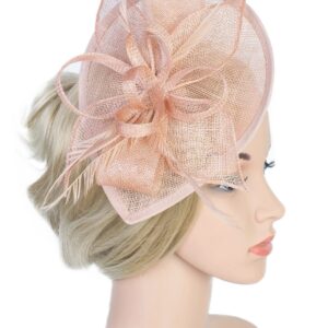 Z&X Wedding Fascinator Sinamay Headband Tea Party Hats for Women Flower Feather Derby Pillbox Hat Clips Peach Pink