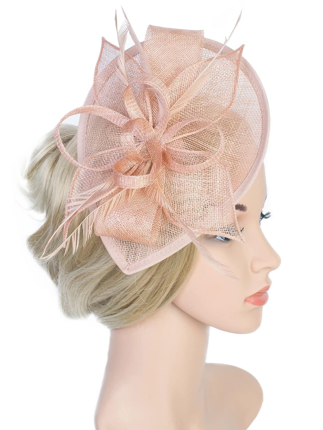 Z&X Wedding Fascinator Sinamay Headband Tea Party Hats for Women Flower Feather Derby Pillbox Hat Clips Peach Pink