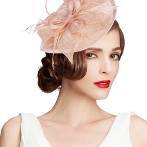 Z&X Wedding Fascinator Sinamay Headband Tea Party Hats for Women Flower Feather Derby Pillbox Hat Clips Peach Pink