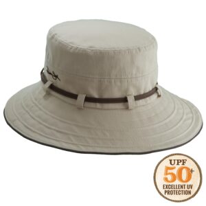 Panama Jack Women's Contrast Cotton Bucket Sun Hat with Sizing Tie, 3" Brim (Khaki)