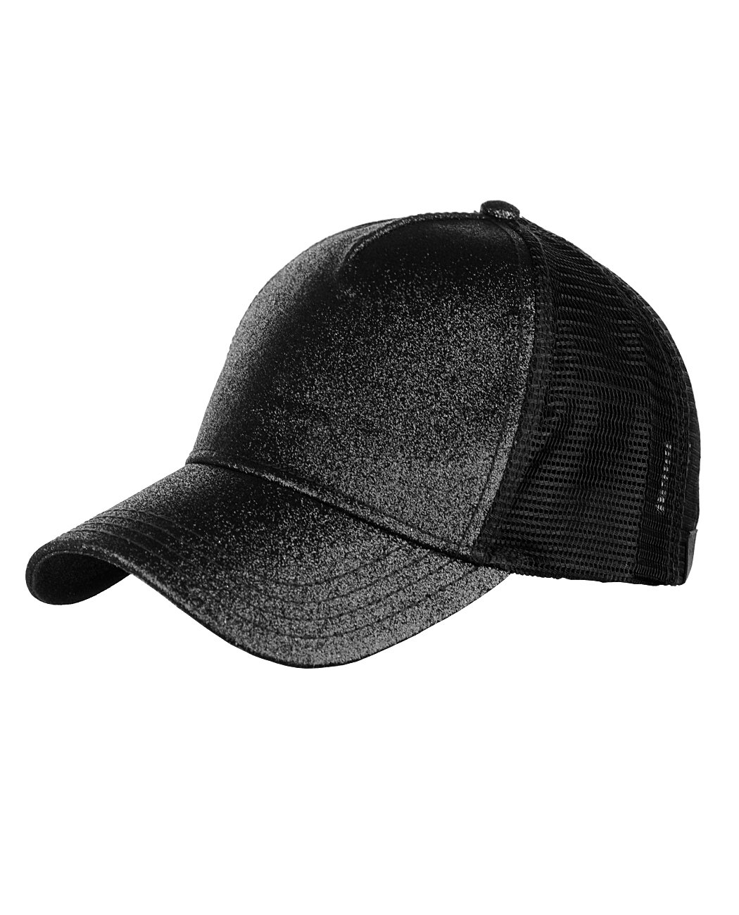 C.C Ponycap Messy High Bun Ponytail Adjustable Glitter Mesh Trucker Baseball Cap, Black