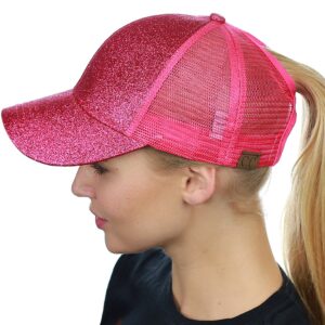 C.C Ponycap Messy High Bun Ponytail Adjustable Glitter Mesh Trucker Baseball Cap, Hot Pink