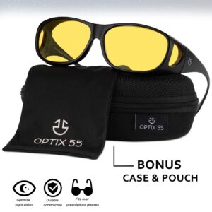 Optix 55 Fit Over HD Day/Night Driving Glasses Wraparound Sunglasses for Men, Women - Anti Glare Polarized Wraparounds (Night Vision Black)