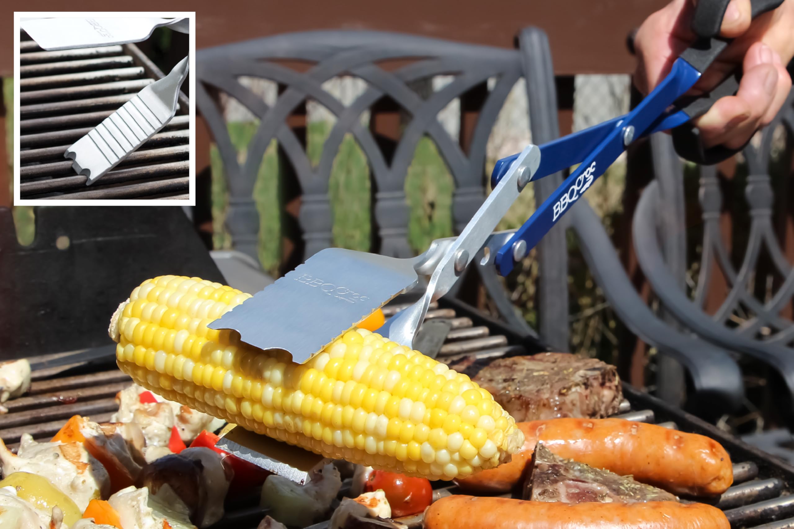 BBQ Croc 3 in 1 Barbecue Tool 18-inch - Lightweight and Long Tongs, Spatula and Grill Scraper (Blue) (18 inch Without Flashlight)