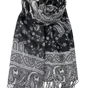 Achillea Soft Silky Reversible Paisley Pashmina Shawl Wrap Scarf w/Fringes (Black White)