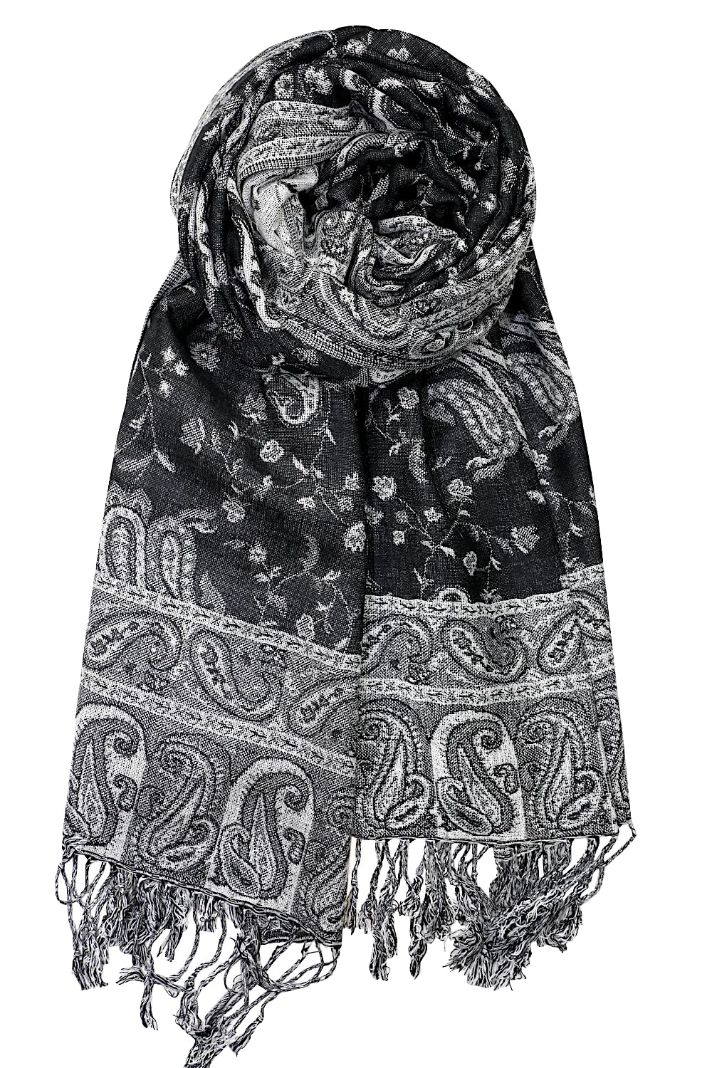 Achillea Soft Silky Reversible Paisley Pashmina Shawl Wrap Scarf w/Fringes (Black White)