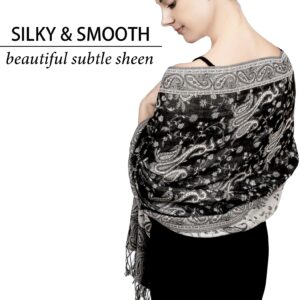 Achillea Soft Silky Reversible Paisley Pashmina Shawl Wrap Scarf w/Fringes (Black White)