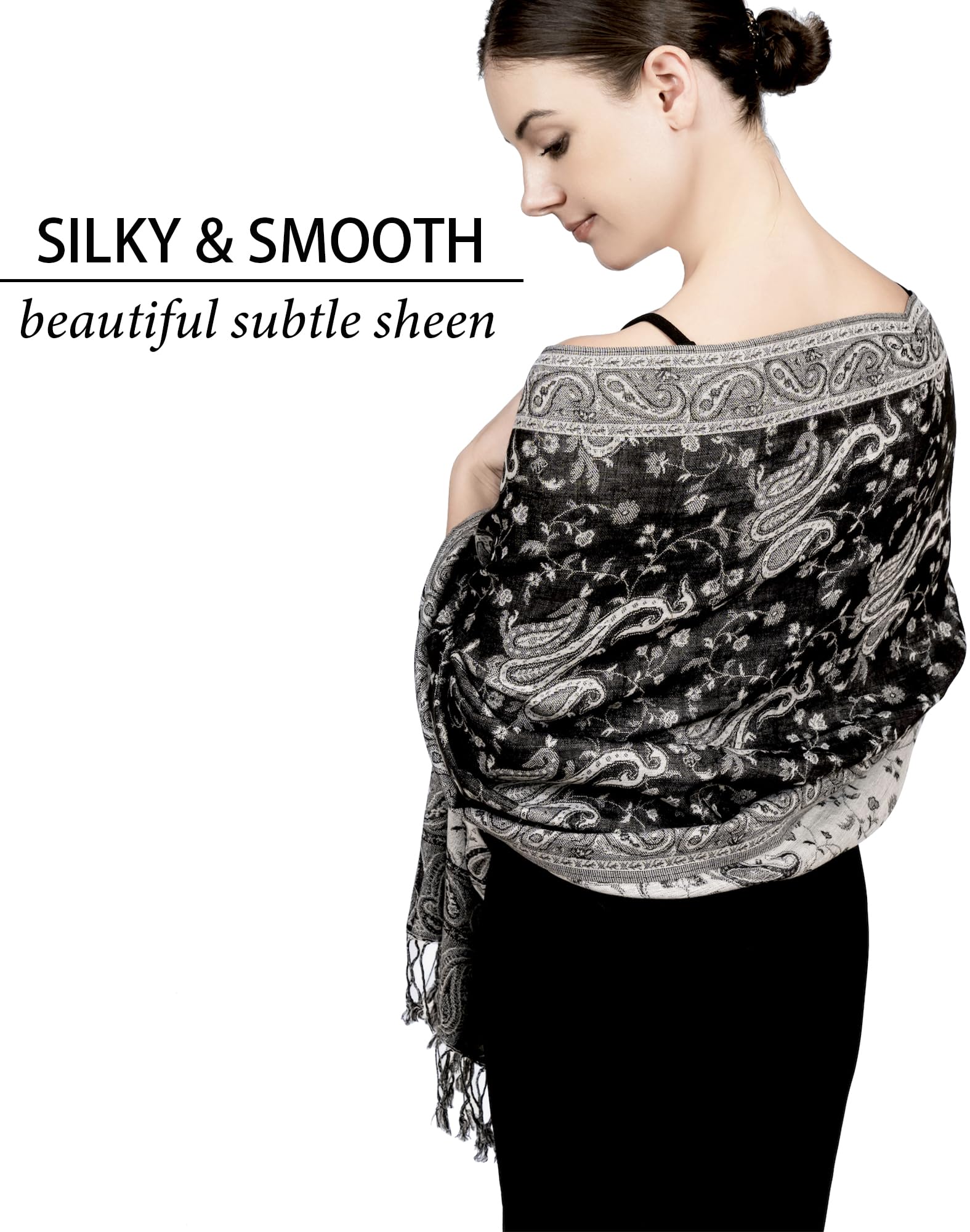 Achillea Soft Silky Reversible Paisley Pashmina Shawl Wrap Scarf w/Fringes (Black White)