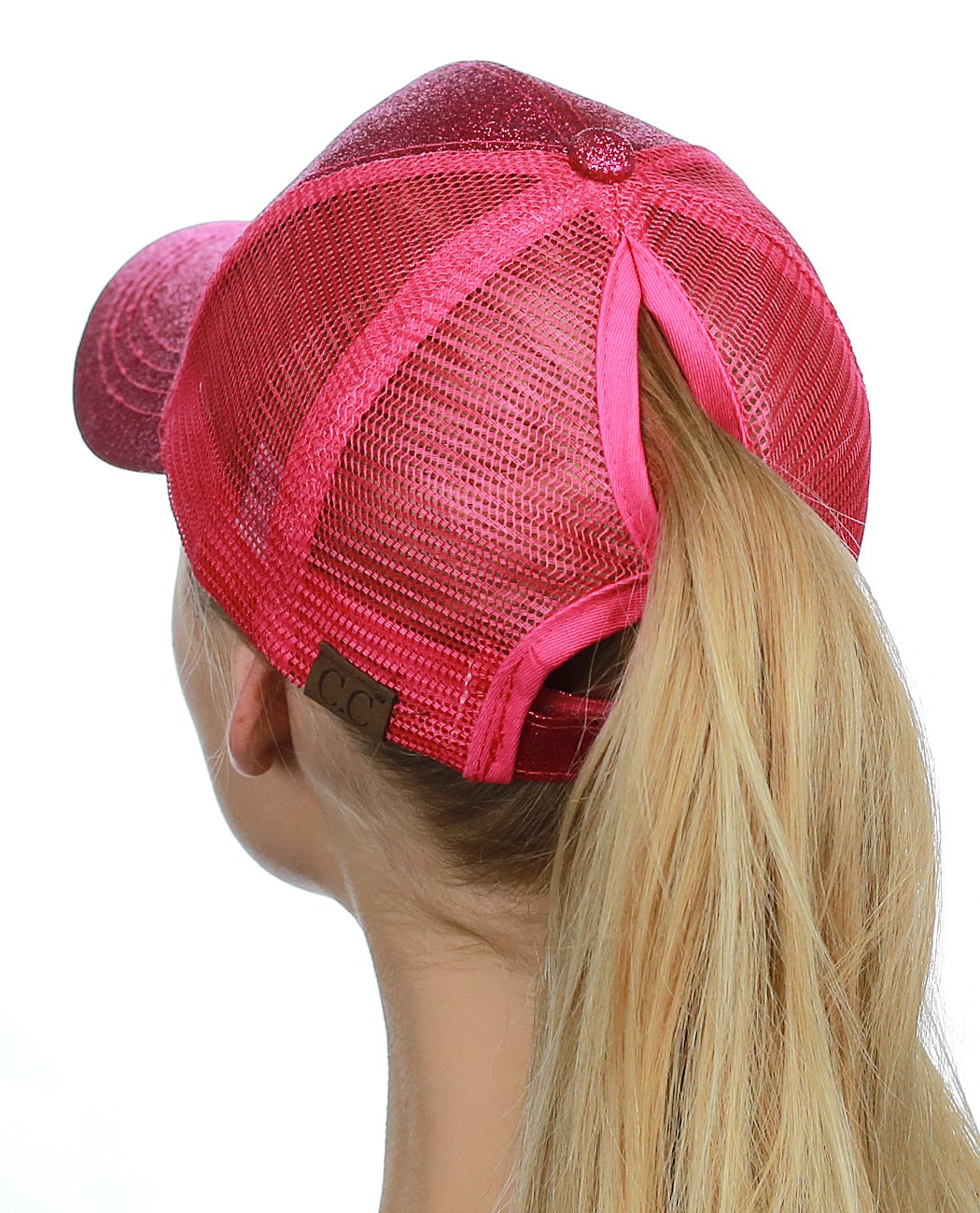 C.C Ponycap Messy High Bun Ponytail Adjustable Glitter Mesh Trucker Baseball Cap, Hot Pink