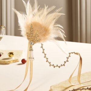 BABEYOND Art Deco 1920's Flapper Great Gatsby Inspired Leaf Medallion Pearl Headband Feather (Gold and Champagne Feather)