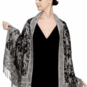 Achillea Soft Silky Reversible Paisley Pashmina Shawl Wrap Scarf w/Fringes (Black White)