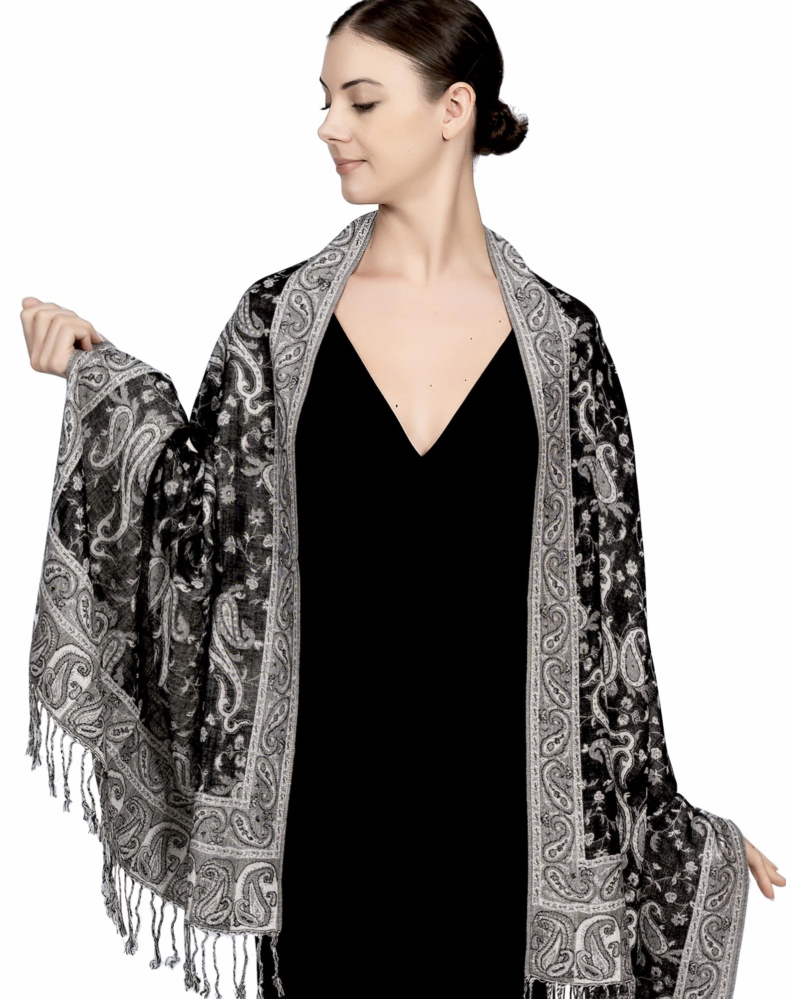 Achillea Soft Silky Reversible Paisley Pashmina Shawl Wrap Scarf w/Fringes (Black White)