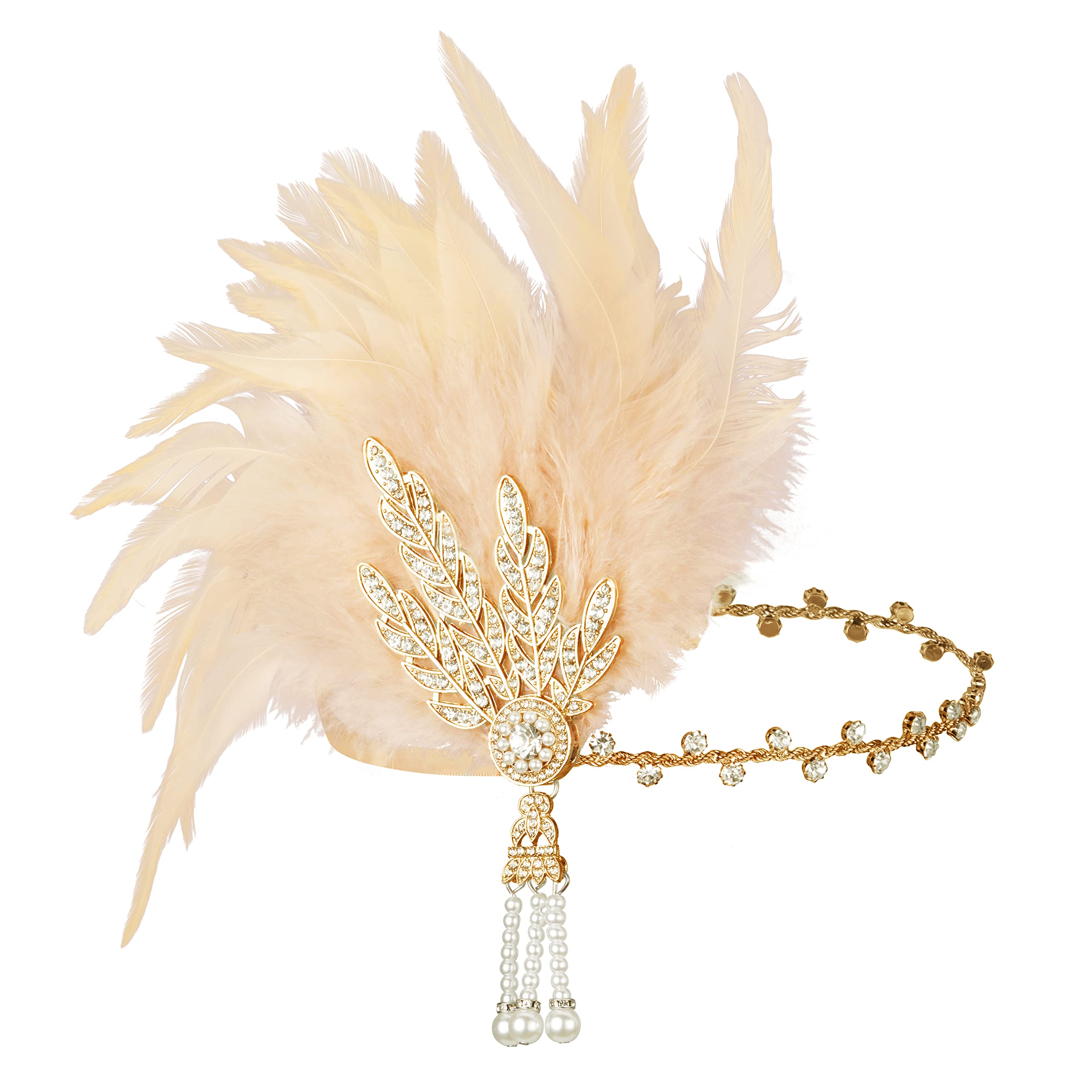 BABEYOND Art Deco 1920's Flapper Great Gatsby Inspired Leaf Medallion Pearl Headband Feather (Gold and Champagne Feather)