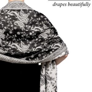 Achillea Soft Silky Reversible Paisley Pashmina Shawl Wrap Scarf w/Fringes (Black White)