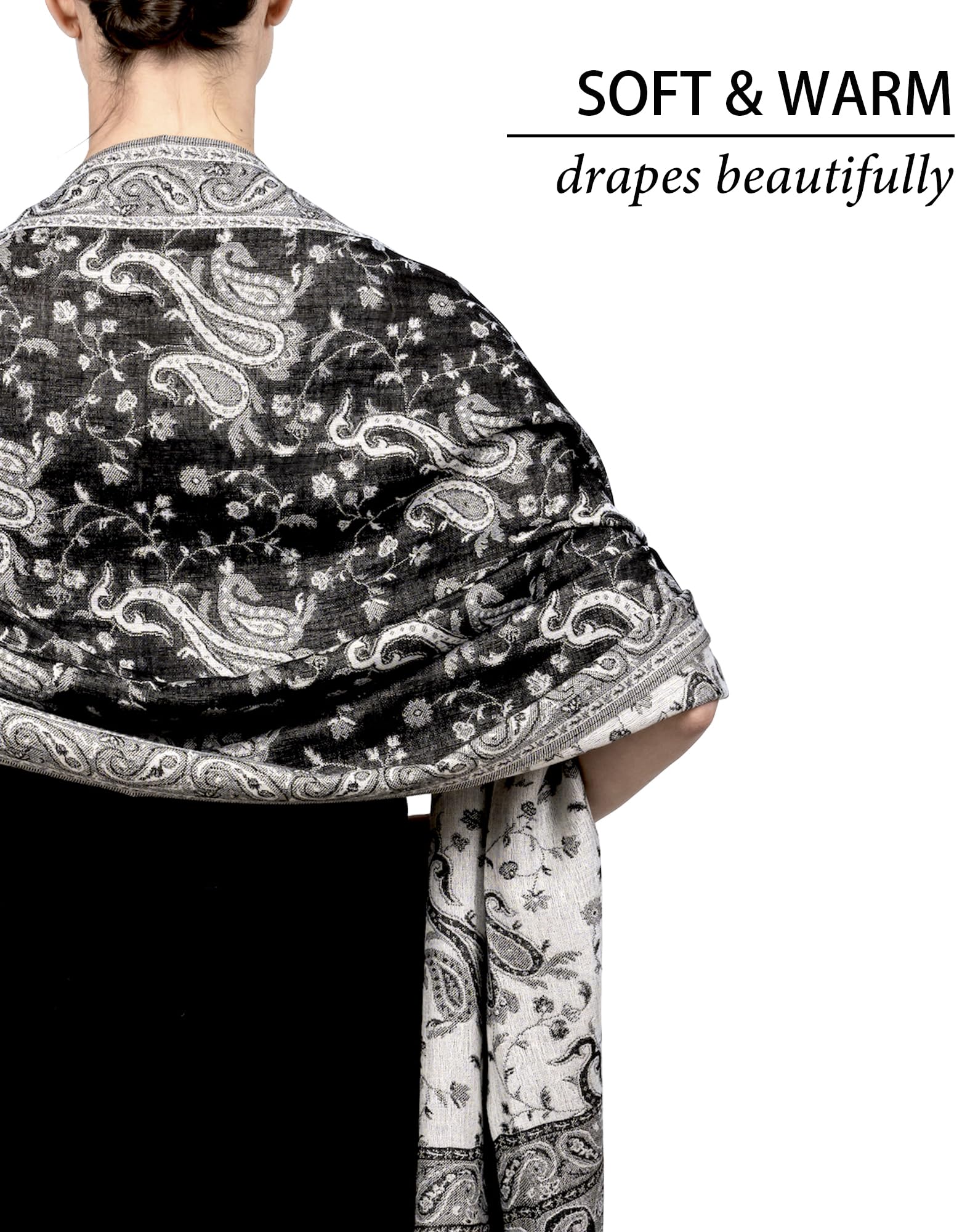 Achillea Soft Silky Reversible Paisley Pashmina Shawl Wrap Scarf w/Fringes (Black White)