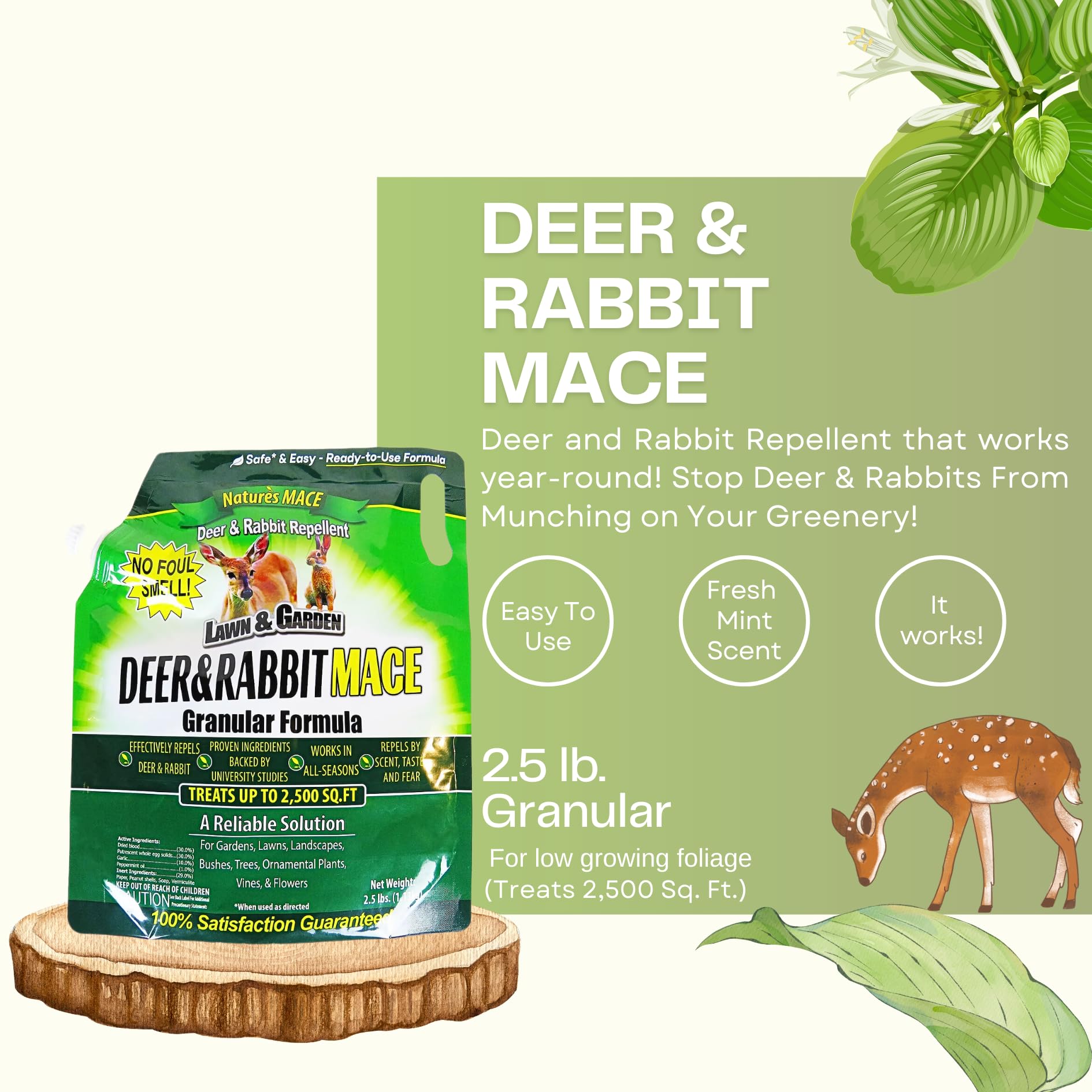 Nature's MACE Granular Deer Repellent 2.5lb, Repel Deer from Your Garden, Yard, Flowers, Protect Plants Fast, Create a Deer Free Barrier, Deer Repellent for Plants, Deer and Rabbit Repellent