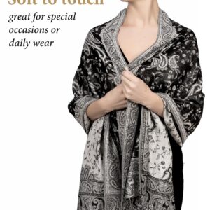 Achillea Soft Silky Reversible Paisley Pashmina Shawl Wrap Scarf w/Fringes (Black White)