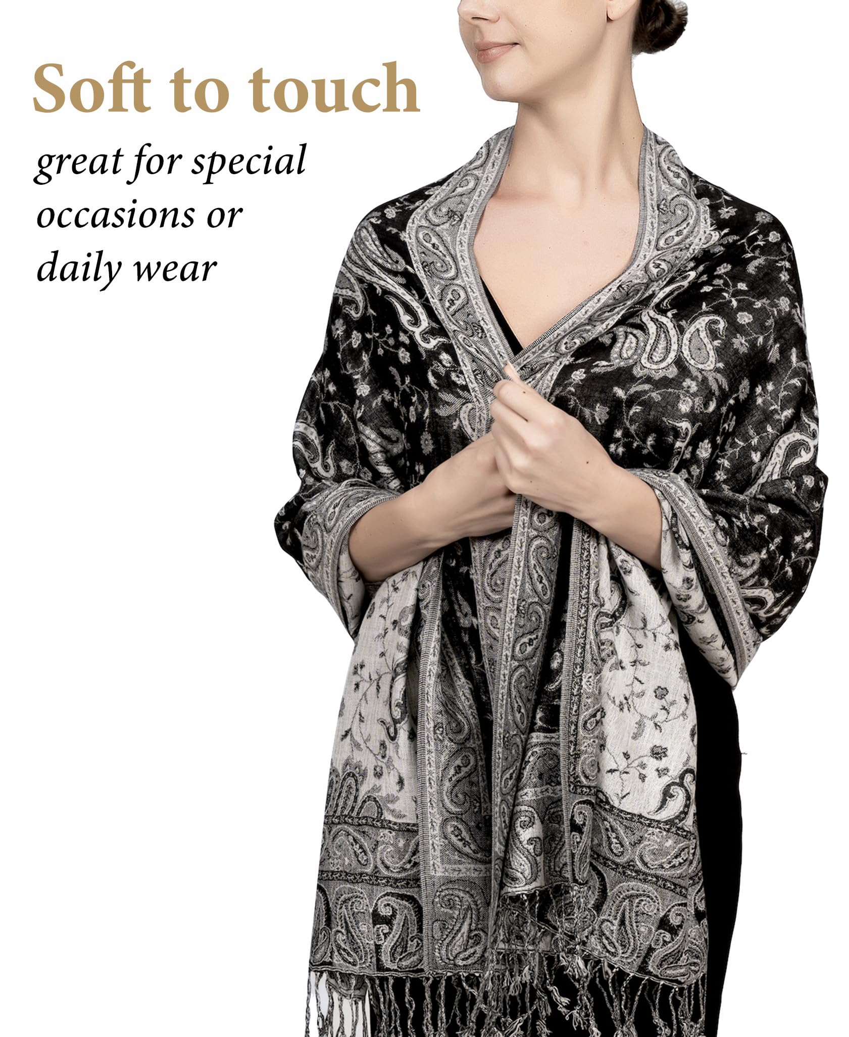 Achillea Soft Silky Reversible Paisley Pashmina Shawl Wrap Scarf w/Fringes (Black White)