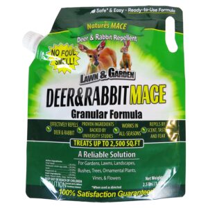 nature's mace granular deer repellent 2.5lb, repel deer from your garden, yard, flowers, protect plants fast, create a deer free barrier, deer repellent for plants, deer and rabbit repellent