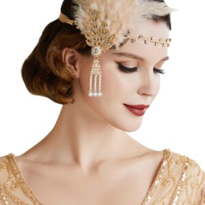 BABEYOND Art Deco 1920's Flapper Great Gatsby Inspired Leaf Medallion Pearl Headband Feather (Gold and Champagne Feather)