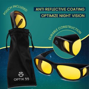 Optix 55 Fit Over HD Day/Night Driving Glasses Wraparound Sunglasses for Men, Women - Anti Glare Polarized Wraparounds (Night Vision Black)