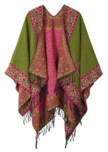 women's fashionable retro style vintage pattern tassel poncho shawl cape (series 2-green)