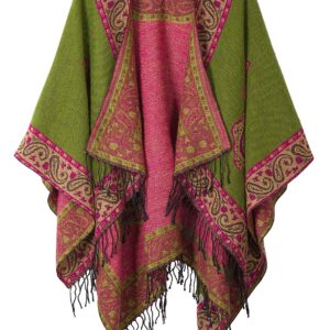 Women's Fashionable Retro Style Vintage Pattern Tassel Poncho Shawl Cape (series 2-Green)