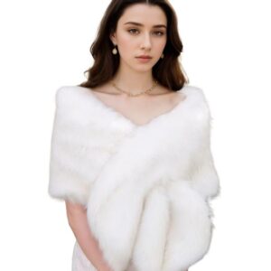 DJBM Women's Faux Fur Shawl Wraps Cloak Coat Sweater Cape for Evening Party Ivory/Brown