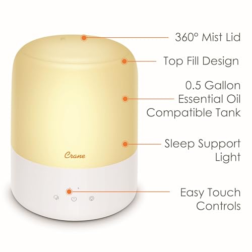 Crane Ultra-Quiet 3-in-1 Humidifier, Essential Oil Aroma Diffuser & Soothing Sleep Light - Compact 0.5 Gallon Capacity with Adjustable Night Light & Fragrance Tray - Ideal for Bedroom, Office, Nursery