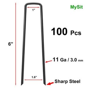 MySit 6" Garden Staples Landscape Stakes Ground Pins 100 Pack, Lawn Staples Weed Fabric Staple, Heavy Duty 11-Gauge(3.0mm) Steel Sod Anchor Securing Pegs for Securing Fabric