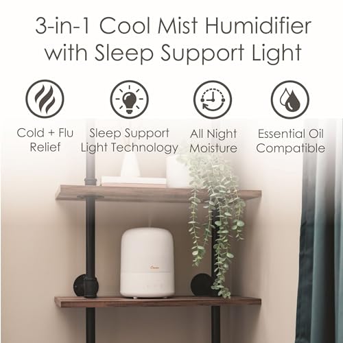 Crane Ultra-Quiet 3-in-1 Humidifier, Essential Oil Aroma Diffuser & Soothing Sleep Light - Compact 0.5 Gallon Capacity with Adjustable Night Light & Fragrance Tray - Ideal for Bedroom, Office, Nursery